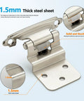 Heavy Duty Satin Nickel Self Closing Cabinet Hinges, 3/8 Inch Overlay, 50 Pack With All Included Mounting Screws And Quiet Bumpers close-up on thick steel hinge design.