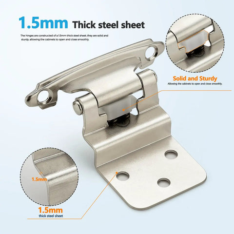 Heavy Duty Satin Nickel Self Closing Cabinet Hinges, 3/8 Inch Overlay, 50 Pack With All Included Mounting Screws And Quiet Bumpers close-up on thick steel hinge design.