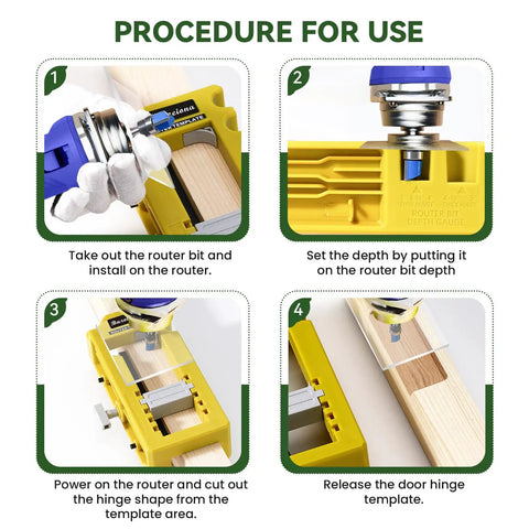 Instructional images demonstrating the No Sweat Door Hinge Jig And Router Mortiser Guide for precise cabinetry installation.