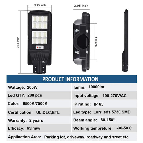 Beefy 200W Solar Street Light Outdoor Flood Light With 288 LEDs, 10000 Lumen, IP65 Waterproof, product dimensions and specs