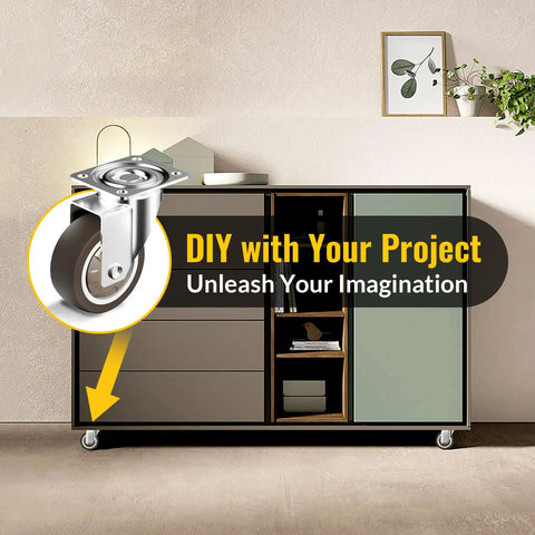 Heavy Duty 2 Inch Caster Wheels Set Of 4, Rubber Quiet Swivel Castors installed on a cabinet, ideal for furniture mobility.