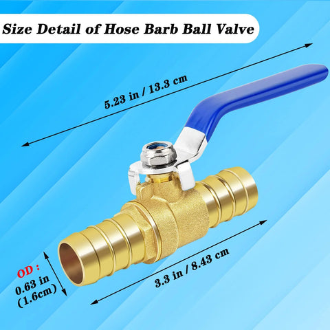 Brass hose-barb ball valve with blue lever handle and 5/8-inch hose fittings