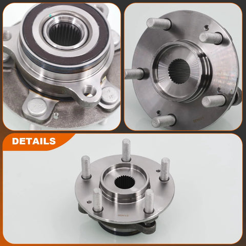 Front Or Rear Wheel Bearing And Hub Assembly For Hyundai And Kia Models 2017 To 2023 Elantra Forte Elantra GT Kona Ioniq Niro Seltos Veloster With 5 Lug And ABS Warranty, showing detailed product views.