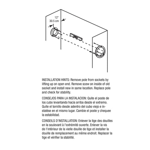 Illustration of Closet Pole Sockets For One And Three Eighths Inch Poles White Plastic Mounts 2 Pack Solid Brackets with installation guide
