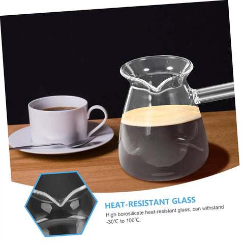 450ml Borosilicate Glass Turkish Coffee Pot Stovetop Tea Maker With Handle Milk Warmer for Hot Chocolate on a wooden table