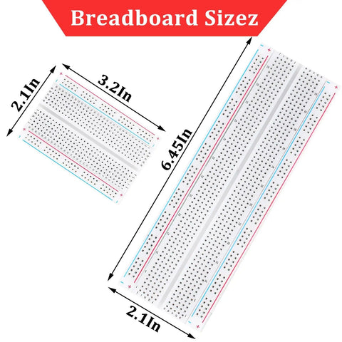Ultimate Breadboard Kit For Makers 6 Piece Solderless Breadboard Set with size dimensions of large and small boards displayed