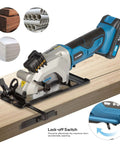 G+LAXIA blue cordless mini circular saw with laser guide on wood, 20V, two blades (24T+60T), rip fence.