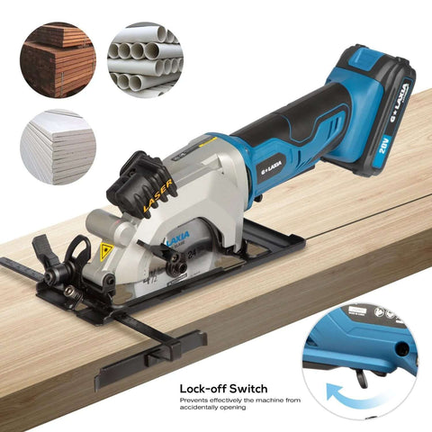 G+LAXIA blue cordless mini circular saw with laser guide on wood, 20V, two blades (24T+60T), rip fence.