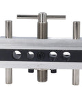 Self Centering Doweling Jig Kit Locks Dead Nuts Alignment For Tight Pin Joinery And Smooth Sailing Cabinet Assembly Or Top Quick Premium Master Woodshop Craftsman Projects close-up of aluminum jig with alignment holes and handles