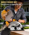 Seven And One Fourth Inch Brushless Cordless Circular Saw Heavy Duty Beast With Two Premium Blades And Rip Fence Guide Compatible With DeWalt 20v Max Battery Tool Only For Diy Grinds That Hit Different Every Time, cutting wood with dust removal feature.