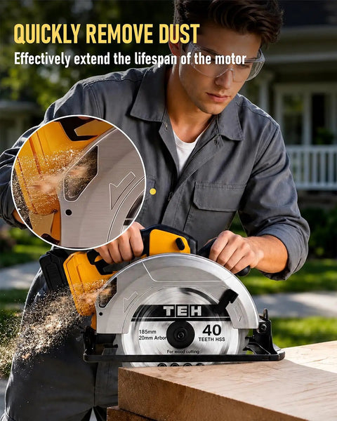 Seven And One Fourth Inch Brushless Cordless Circular Saw Heavy Duty Beast With Two Premium Blades And Rip Fence Guide Compatible With DeWalt 20v Max Battery Tool Only For Diy Grinds That Hit Different Every Time, cutting wood with dust removal feature.