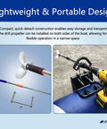 Lightweight Electric Inflatable Boat Motor Adapter With 125cm All Metal Shaft And Drill Mount, showing propeller and drill mount setup.