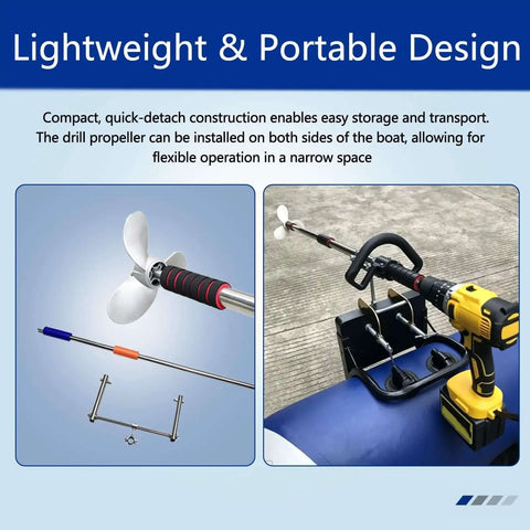 Lightweight Electric Inflatable Boat Motor Adapter With 125cm All Metal Shaft And Drill Mount, showing propeller and drill mount setup.
