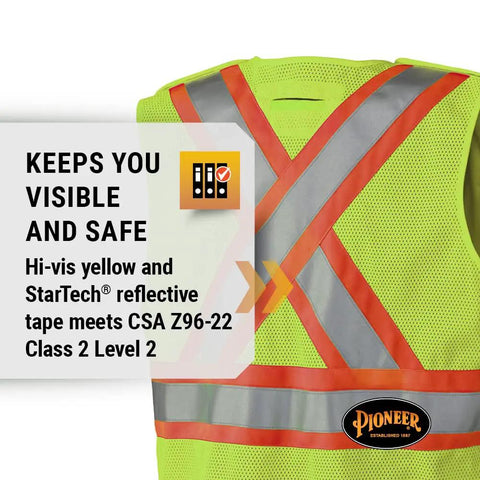 Men's High Visibility Tear Away Safety Vest With Full Mesh Back Class Two Reflective Tape Road Crew Favorite Construction Traffic Control Site Gear Yellow showing back with reflective tape.