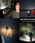 Collage of a boy using flashlight, camping in snow with tents, cyclists at night, and person walking in forest with Mini CREE LED Flashlight.