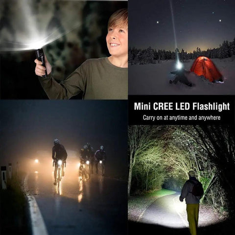 Collage of a boy using flashlight, camping in snow with tents, cyclists at night, and person walking in forest with Mini CREE LED Flashlight.