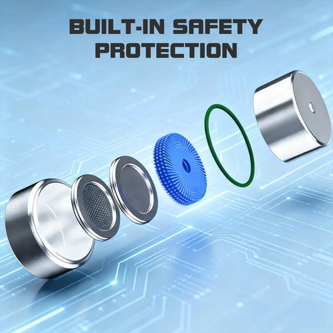 Exploded view of Heavy Duty LR44 AG13 357 Alkaline Button Cell Batteries components showcasing built-in safety protection.