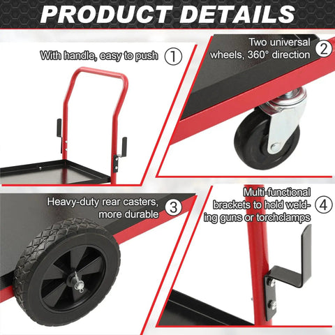 Heavy Duty Two Tier Welder Cart For TIG Arc MMA Plasma Cutters Up To 440 Lbs With Tank Safety Chains Classic Style wheels and handle details