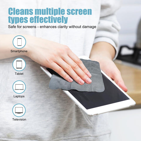 Person using 10 Pack Microfiber Cleaning Cloths For Electronics, Camera Lenses, Eyeglasses, Phones And Laptops Safe Gentle Wipe Kit on tablet screen