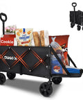 Foldable Tailgate Wagon Cart With Wheels Lightweight 12 Lb Utility Wagon loaded with groceries, black finish, compact storage
