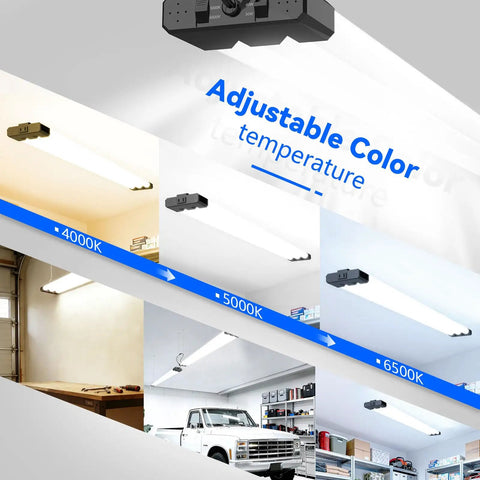 LED Shop Light Four Foot With 3CCT Selectable 4000K 5000K 6500K Adjustable 30W 40W 50W 7500 LM Ultra Bright Linkable Garage And Workshop Ceiling Light ETL Listed Two Pack showing adjustable color.