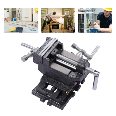 Heavy-Duty X-Y Compound Cross Slide Vise with Precision Scale on a workbench, showcasing sturdy construction and precision controls.