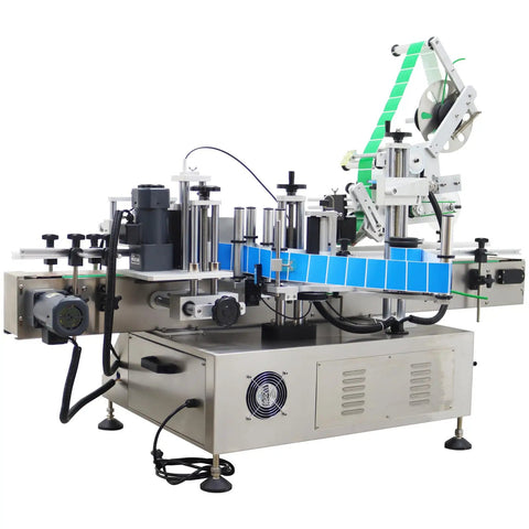 Bulletproof Stainless Steel Desktop Auto Labeling Machine Slick Top And Side Applicator Heavy Duty Packaging Gear side view setup