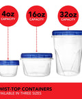 Different sizes of twist-top containers with blue lids, including a 32 Ounce Plastic Containers With Twist Top Lids Six Pack Quart Freezer Storage.