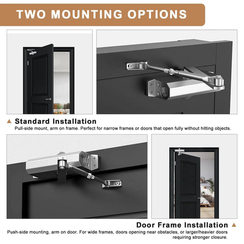 Heavy Duty Commercial Door Closer Automatic Hydraulic Auto Close, showing two mounting options on a door frame.