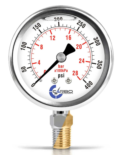 Glycerin Liquid Filled Pressure Gauge 400 PSI With 2.5 Inch Dial, 1/4 NPT Lower Mount, 304 Stainless Steel Case, Brass Wetted Parts