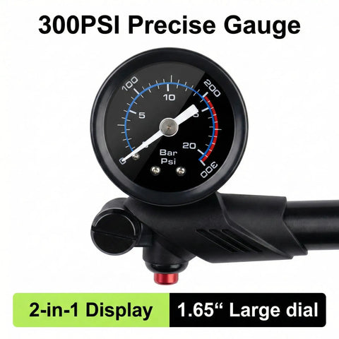 Effortless High Pressure Mountain Bike Shock Pump For Fork And Rear Suspension With 300 PSI gauge and CNC Aluminum Body