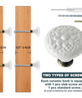 Six Piece White Ceramic Kitchen Cabinet Knobs And Pulls Set With Retro Round Drawer Knobs For Closets And Doors Includes Two Screw Sizes And A Handy Screwdriver For Easy DIY Install, showing knob with screws and screwdriver.