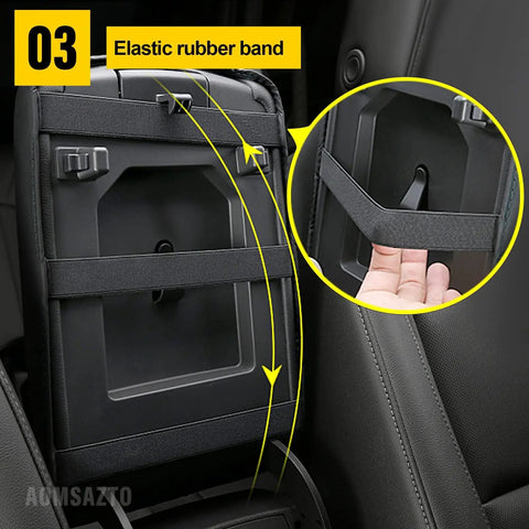 Back view of Center Console Armrest Cover for 2016-2021 Hyundai Tucson, showcasing durable fit and elastic rubber band.