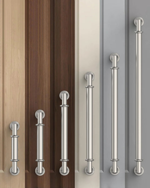 10 Pack 5 Inch Hole Center Cabinet Handles In Brushed Satin Nickel And Polished Nickel Finishes on various cabinet surfaces