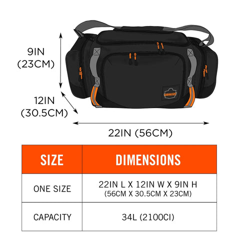 Heavy Duty Jobsite Duffel Bag For Work Gear With Padded Shoulder Straps 34L, Built Tough As Nails From 600D Ripstop Nylon, size dimensions
