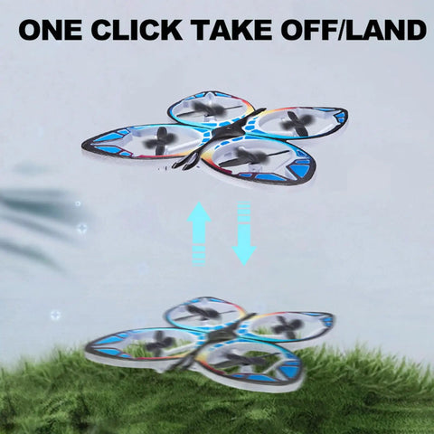 Mini Drone For Adults And Beginners, RC Butterfly Quad with colorful LED lights demonstrating easy one tap takeoff and landing.