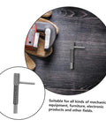Heavy Duty Retractable Spring Plunger Pin With Comfortable Handle, Stainless Steel Safety Latch on wooden surface next to tools.