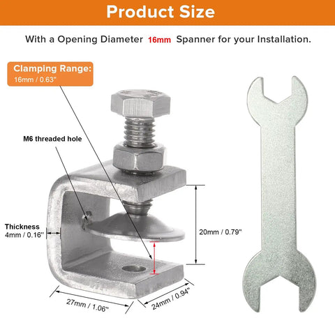 Image showing Mini Tiger Clamp Set for Mounting, heavy duty stainless steel U clamp, 0.79 inch jaw opening, clamping range 0 to 16mm.