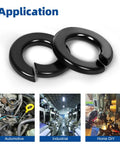 Two black Bykonh M6 split lock washers made of 304 stainless steel with black finish