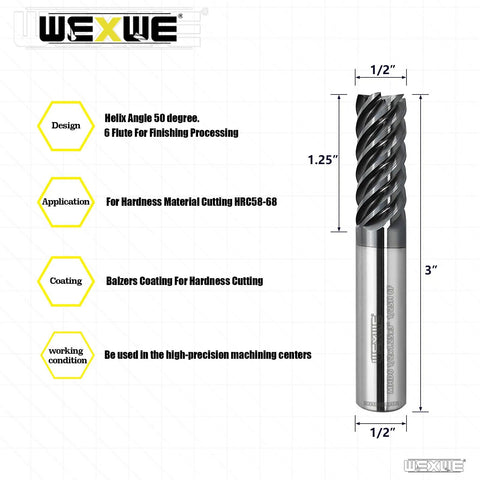 Six Flute Carbide End Mill Square Cutter With Fifty Degree High Helix For High Hardness Steel Finishing, One Half Inch Shank