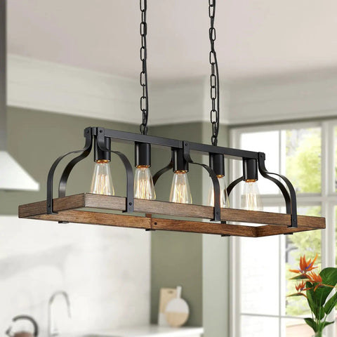 Five Light Metal Chandelier With Imitation Wood Grain Finish, hanging in a kitchen, linear design, rustic farmhouse style, E26 base