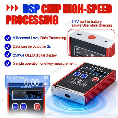 Pro Grade Digital Surface Roughness Tester With 0.01μm Accuracy, Portable Handheld Gauge For Ra Rq Rz Rt, Four Parameter Surface Finish Meter, Includes Calibration Block And Bracket; handheld unit display