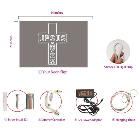 Jesus Saves Neon Sign Cross LED Light 3D Art Wall Decor 20x14 In Lit Night Glow For Church Home with installation kit