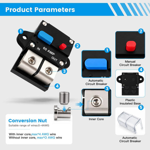 Built Tough 60 Amp Marine Circuit Breaker And Battery Disconnect Switch For Boat Trolling Motors top view with buttons and connectors.