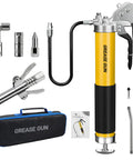 10,000 PSI Pneumatic Grease Gun Kit With Built Tough Pistol Grip, 14 Oz Capacity, 2x18 Inch Resin Flex Hoses, 4 Versatile Couplers