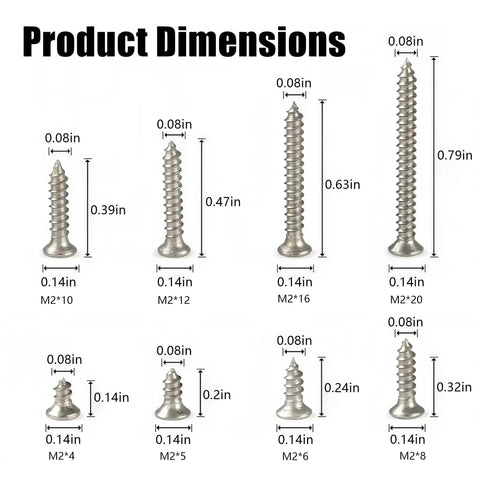 Eight Hundred Piece M2 304 Grade Stainless Steel Screws Assortment Kit dimensions showing multiple lengths in inches.