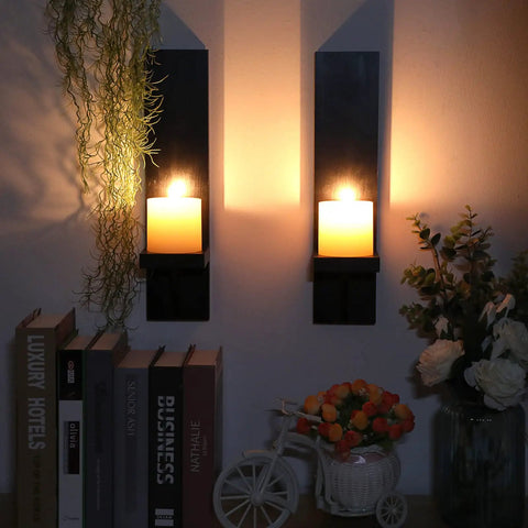 Premium Quality Hardwood Wall Candle Sconces Pair, black wood wall holders with candles, perfect for rustic home decor.