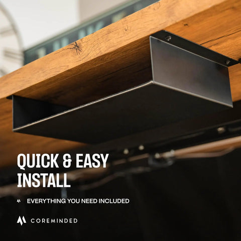 Under Desk Storage Shelf Mountable Add On For Tables And Office Desks Carbon Steel With Cable Management Tray Matte Black Finish.