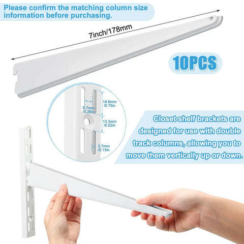 10 Pack Adjustable Shelf Brackets For Double Track Closet System Heavy Duty Wire Shelving White 7 Inches No Tool Install