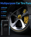 Plug And Play 150 Psi Tire Inflator Fast Fill Air Compressor Digital Gauge Auto Shut Off Pocket Power Tool attached to car tire.